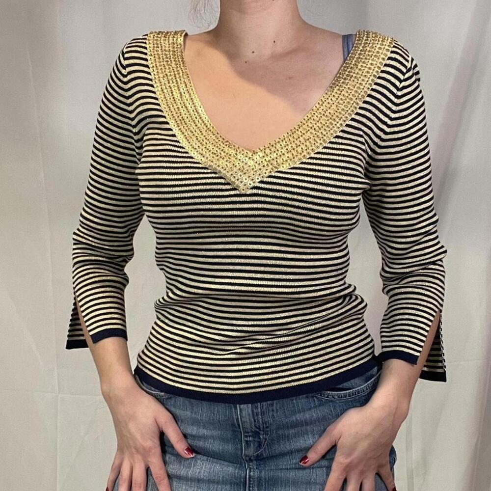 Navy And Gold Striped Top with gold sequins